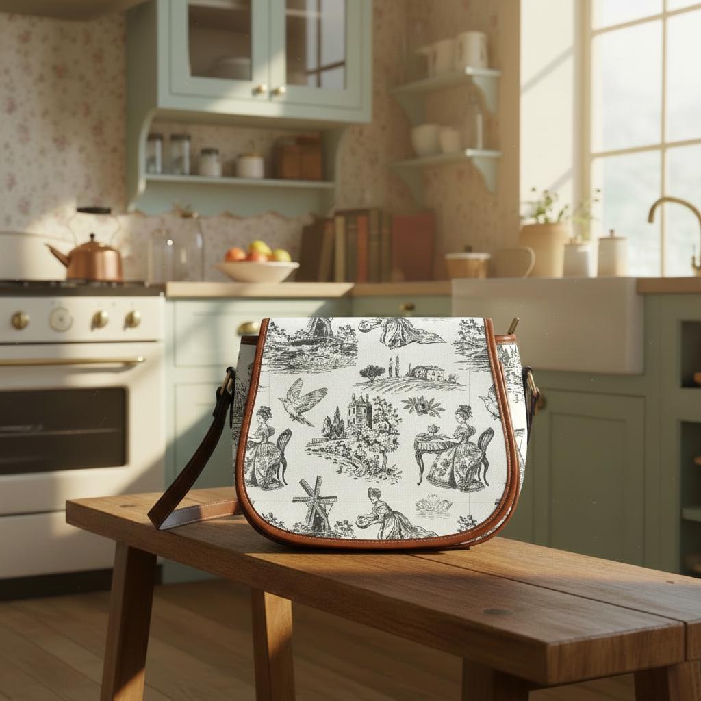Toile de Jouy Saddle Bag, French Vintage Romantic Crossbody or Shoulder Handbag