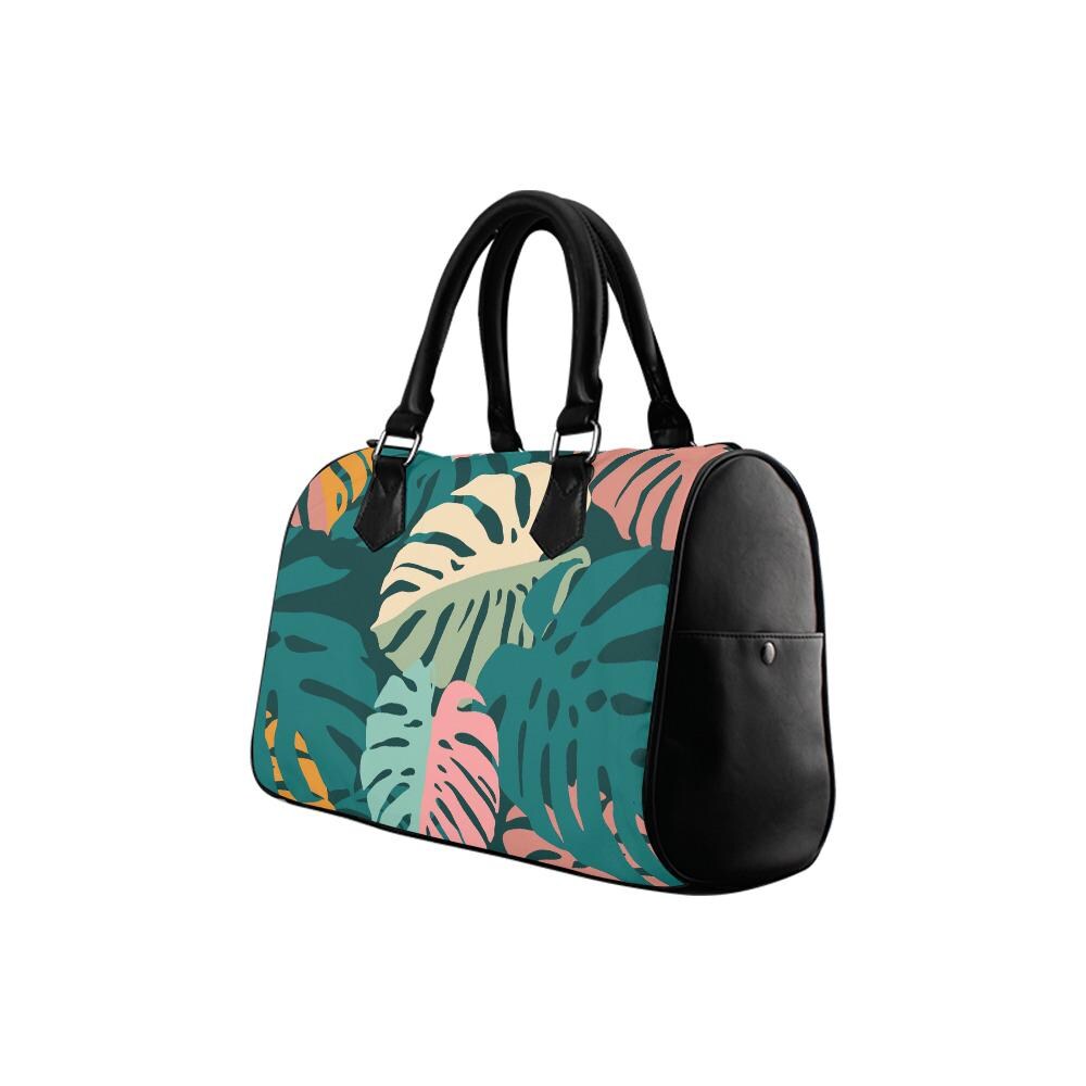 Retro Monstera Print Barrel Handbag – Black Green Pink Everyday Purse