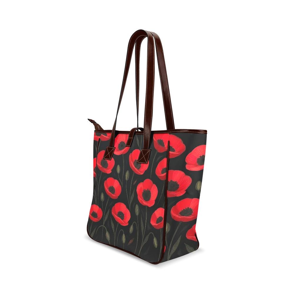 Bolso tote grande negro y rojo con amapolas – bolso de estilo floral dark academia