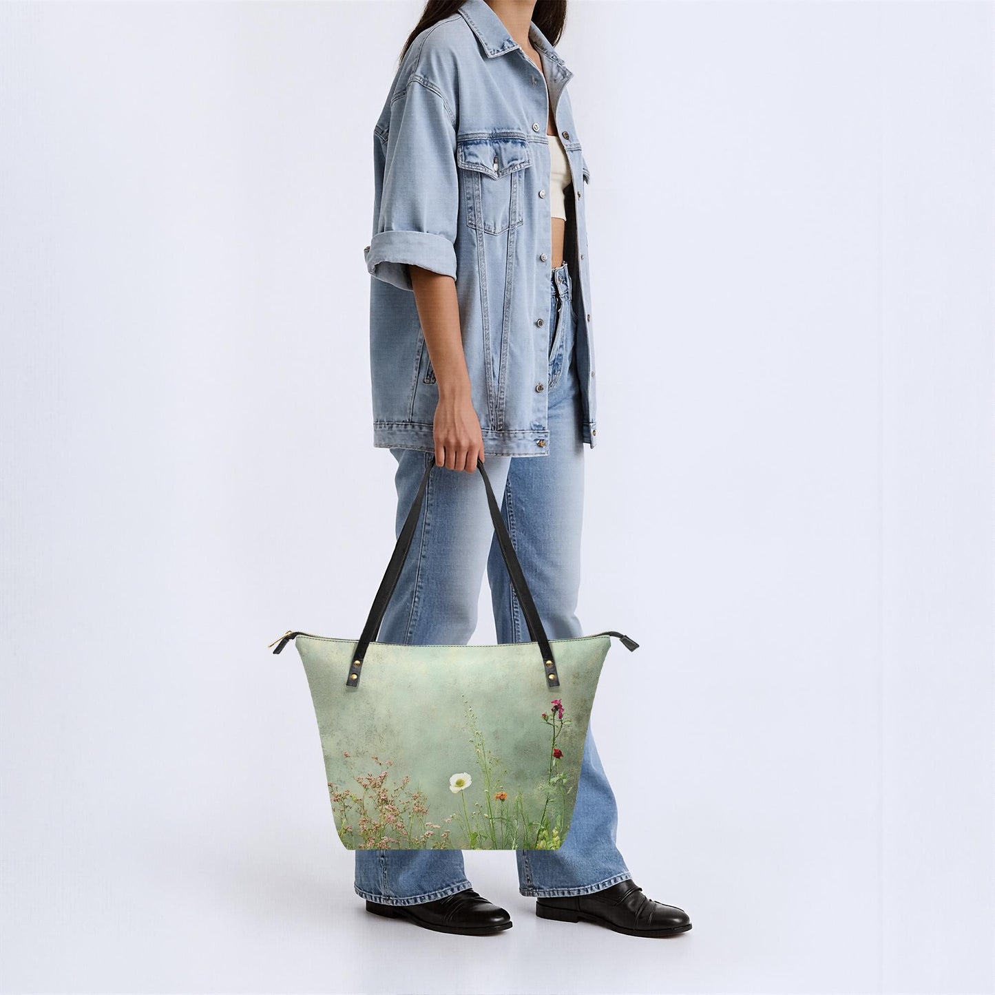 Green Summer Flowers Meadow Roomy Tote Bag - Large Floral Shoulder Handbag Shopper