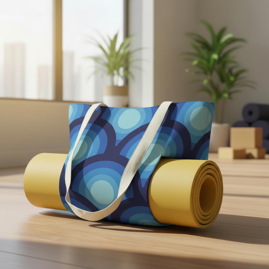 Blue Retro 70s Yoga Mat Tote with Mat Holder – Cotton Linen Gym & Pilates Bag