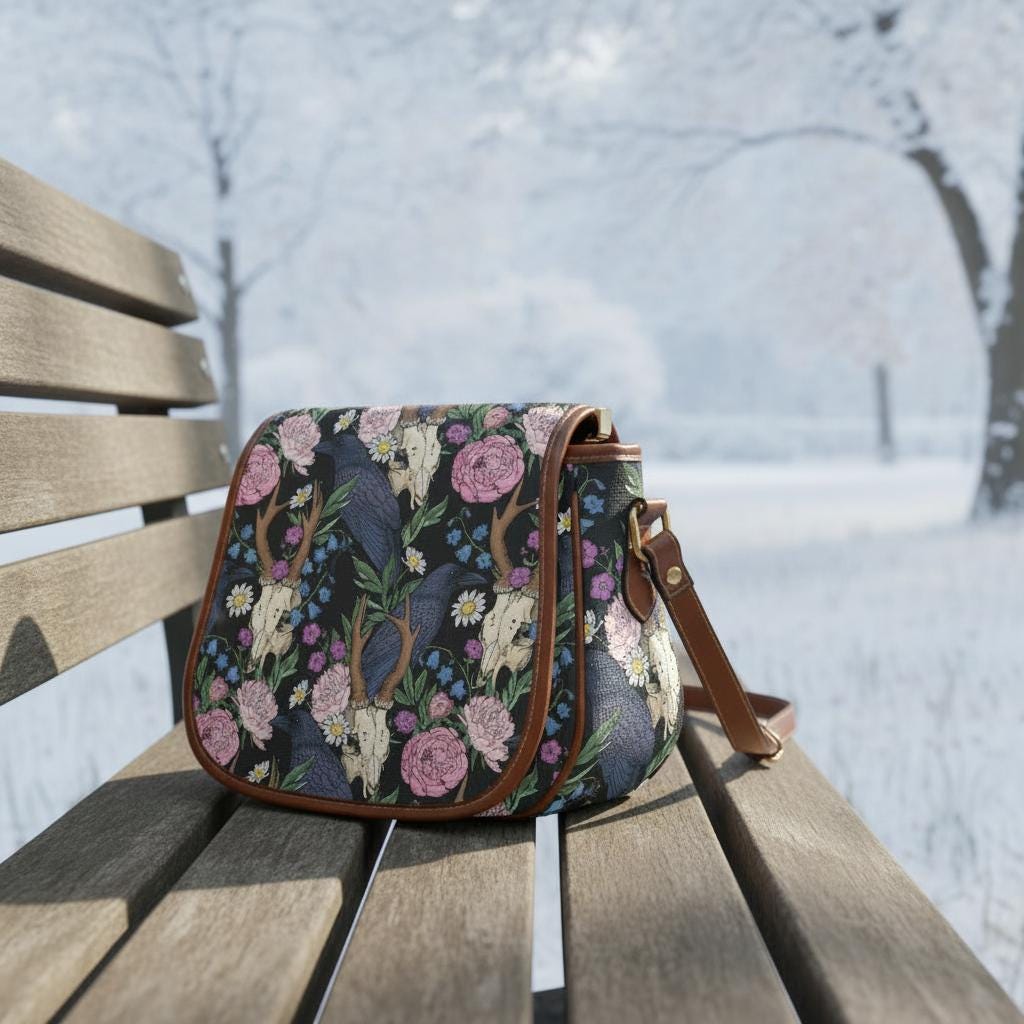 Dark Academia Black Raven Saddle Bag – Large Crossbody Oxford Fabric Vegan Handbag