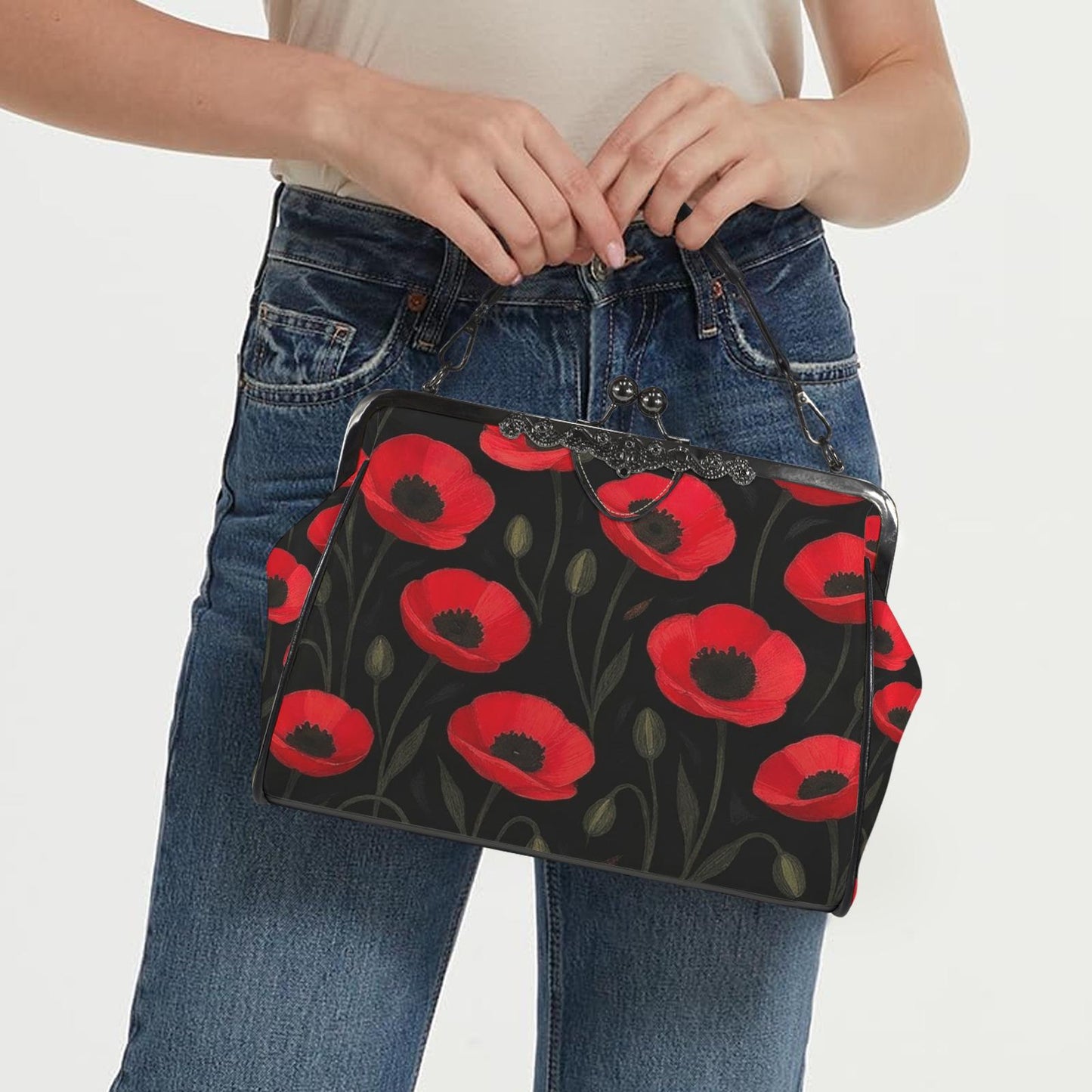 Black Red Poppies Dark Academia Kisslock Handbag – Vintage Gothic Crossbody Bag