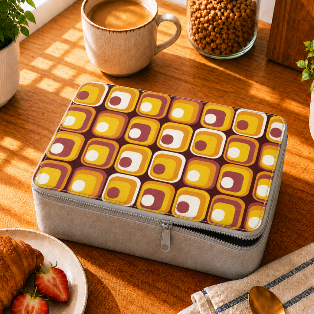 Retro Lunchbox aus Papier im 70er-Jahre-Stil: Orange-braune, wiederverwendbare Essensaufbewahrung im Mid-Century-Design