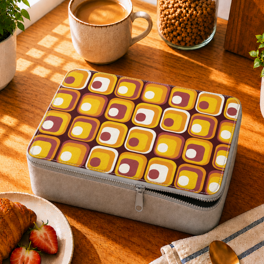 Retro Lunchbox aus Papier im 70er-Jahre-Stil: Orange-braune, wiederverwendbare Essensaufbewahrung im Mid-Century-Design