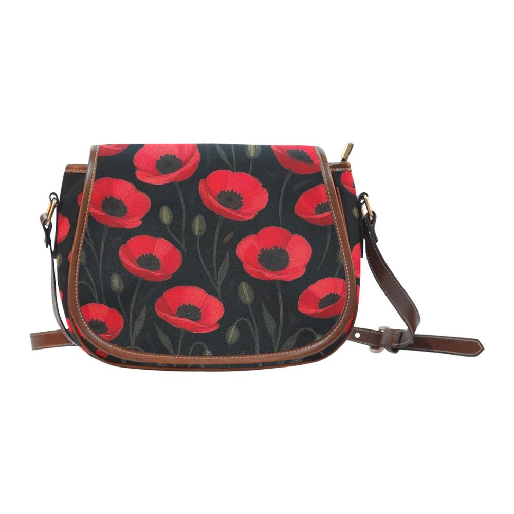 Black Red Poppies Shoulder Saddle Handbag, Romantic Gothic Dark Academia Crossbody