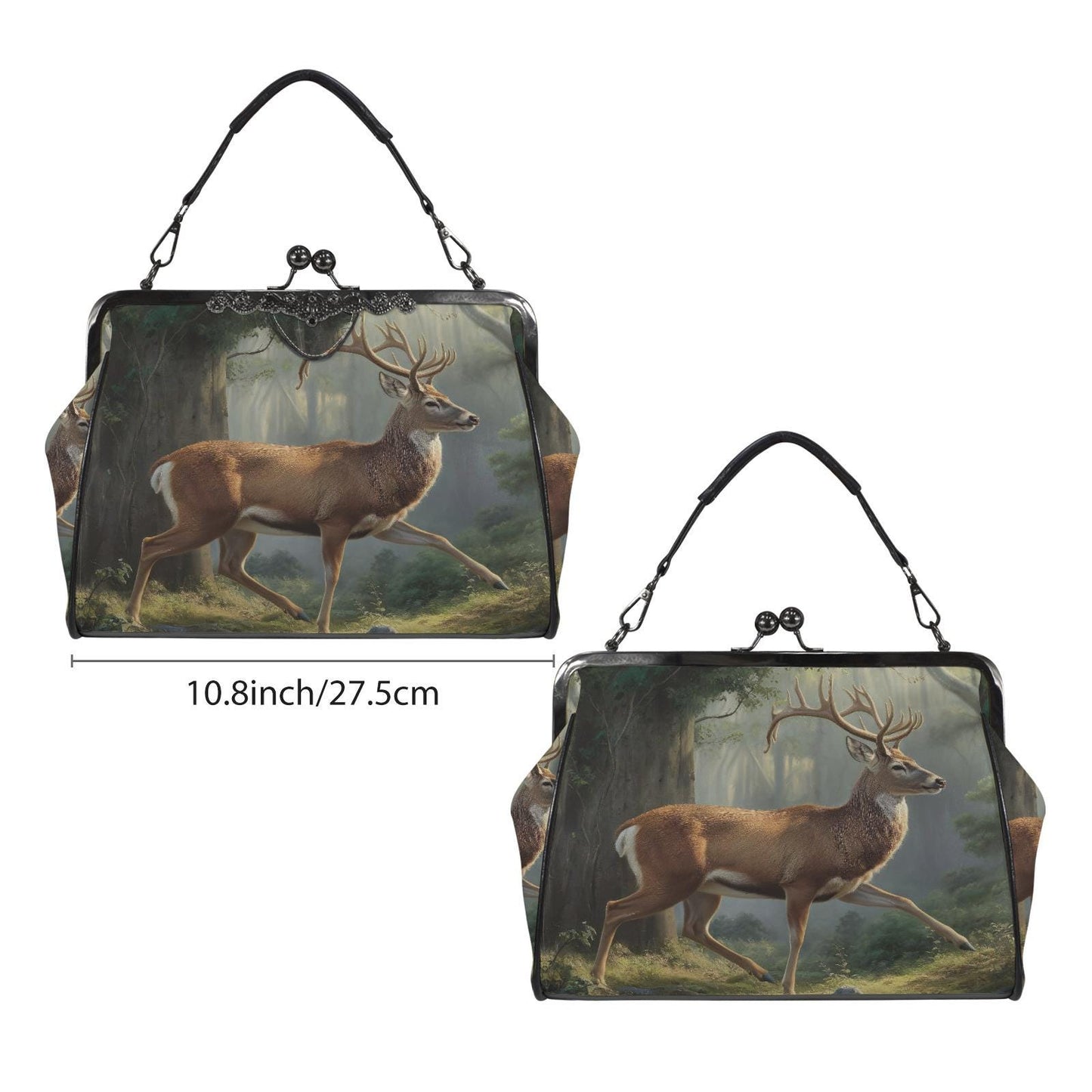 Majestic Deer Forest Dark Academia Handbag - Fairycore Kisslock Crossbody Shoulder Bag