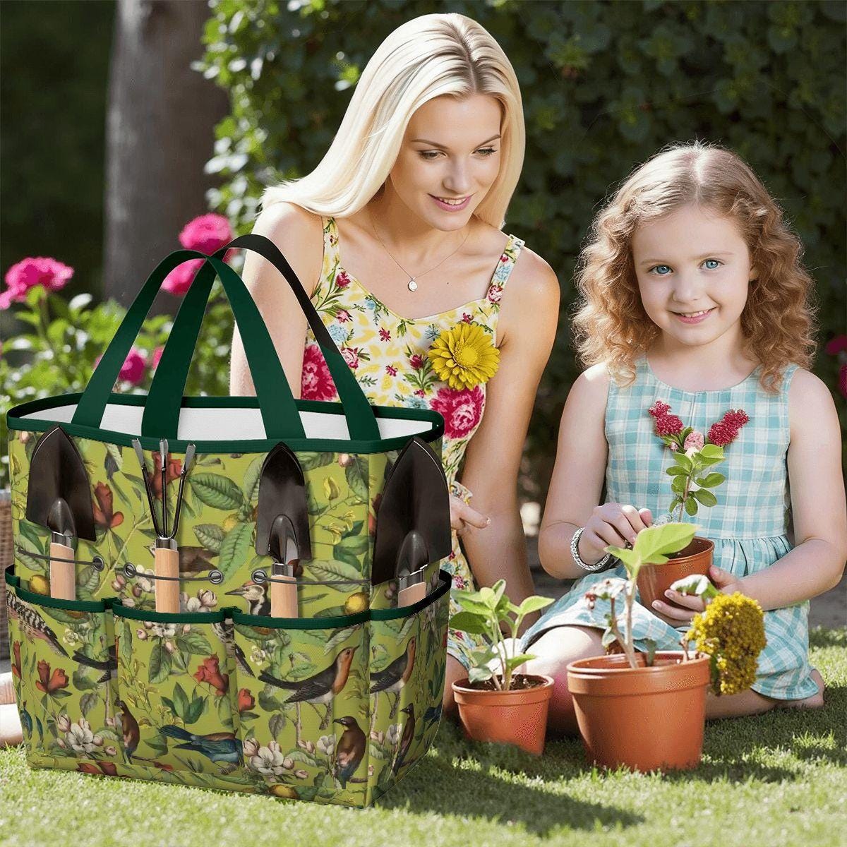 Green Vintage Bird Garden Tote – Gardening Tool Organizer Bag With Pockets