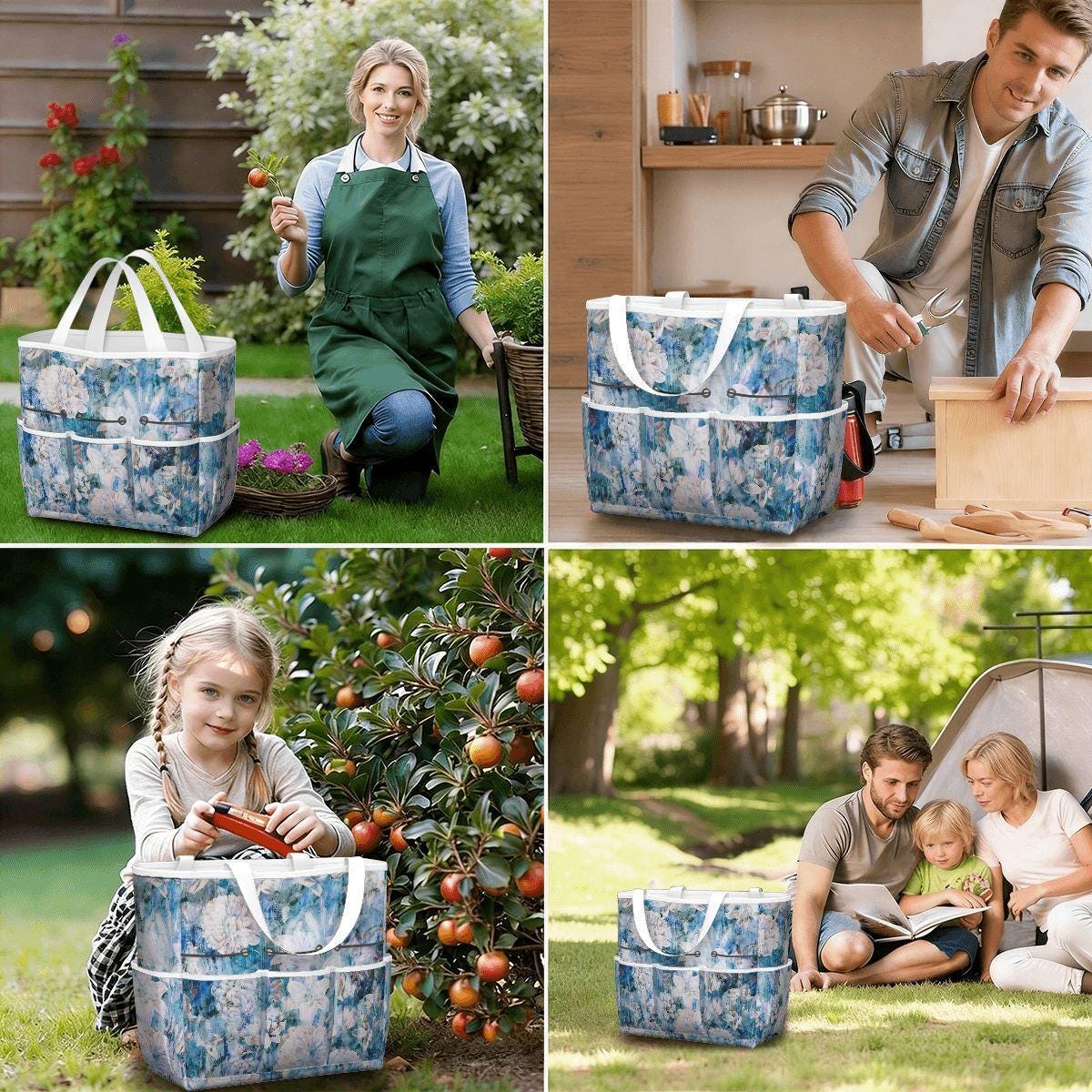 Blue White Flowers Gardening Tool Organizer Bag – French Vintage Look Tote