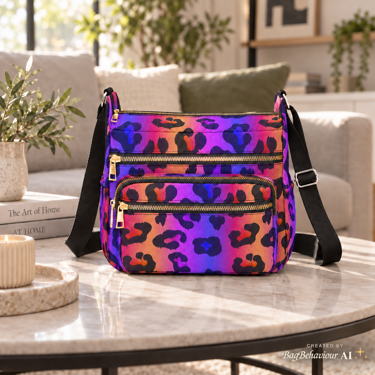 Purple Leopard Multi-Pocket Canvas Crossbody Shoulder Bag