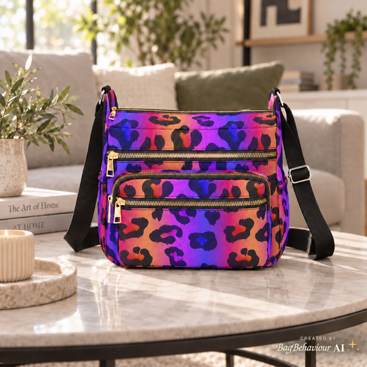 Purple Leopard Multi-Pocket Canvas Crossbody Shoulder Bag