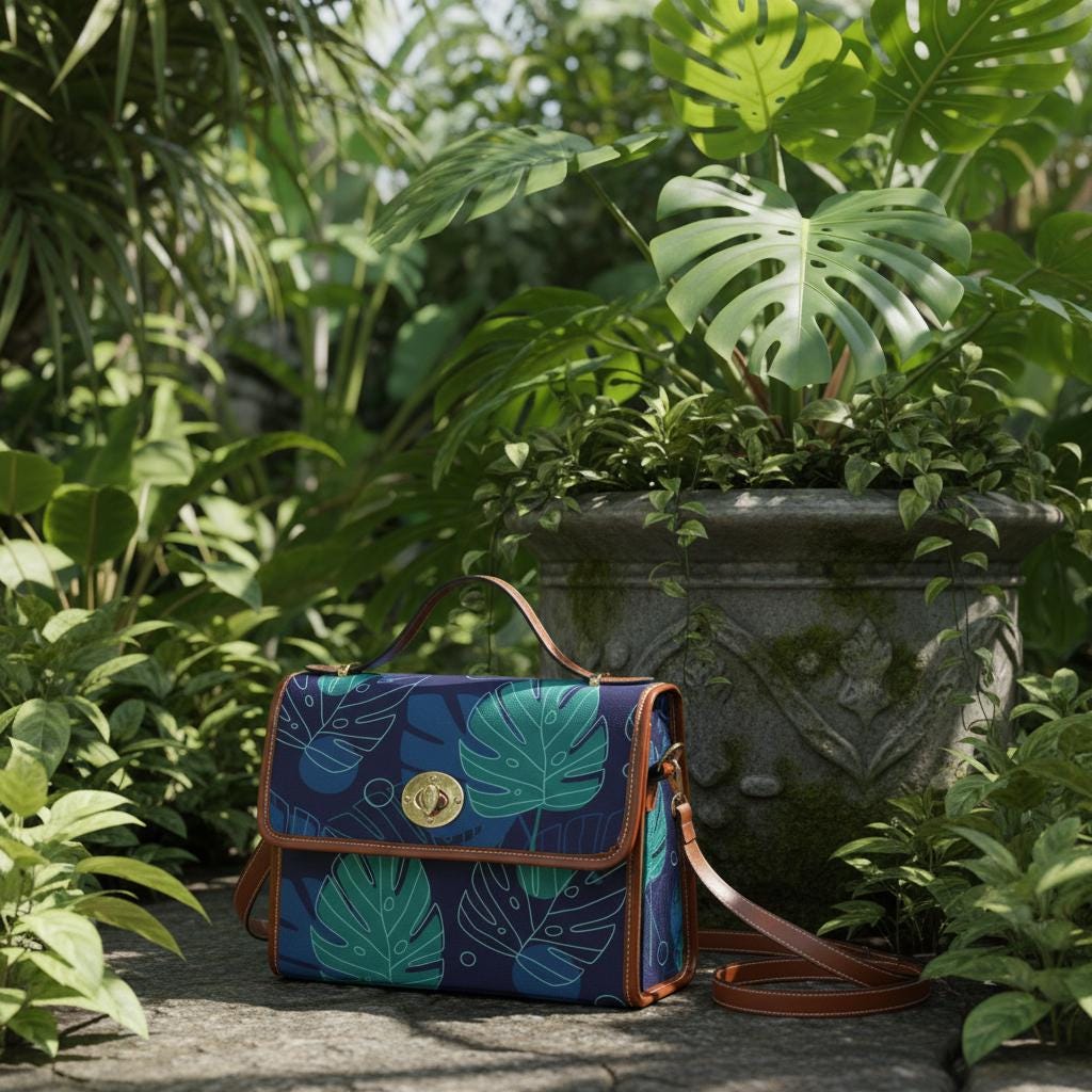 Retro Monstera Botanical Canvas Crossbody Bag – Blue Brown Vintage Style