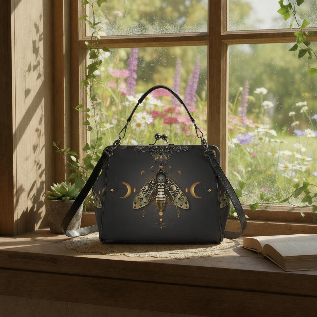 Dark Academia Moth Skull Moon Kisslock Crossbody Bag – Gothic Handbag Adjustable Strap