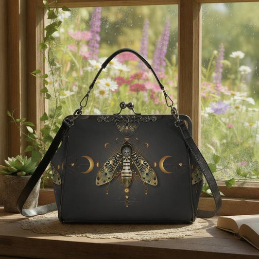Dark Academia Moth Skull Moon Kisslock Gothic Crossbody Handbag