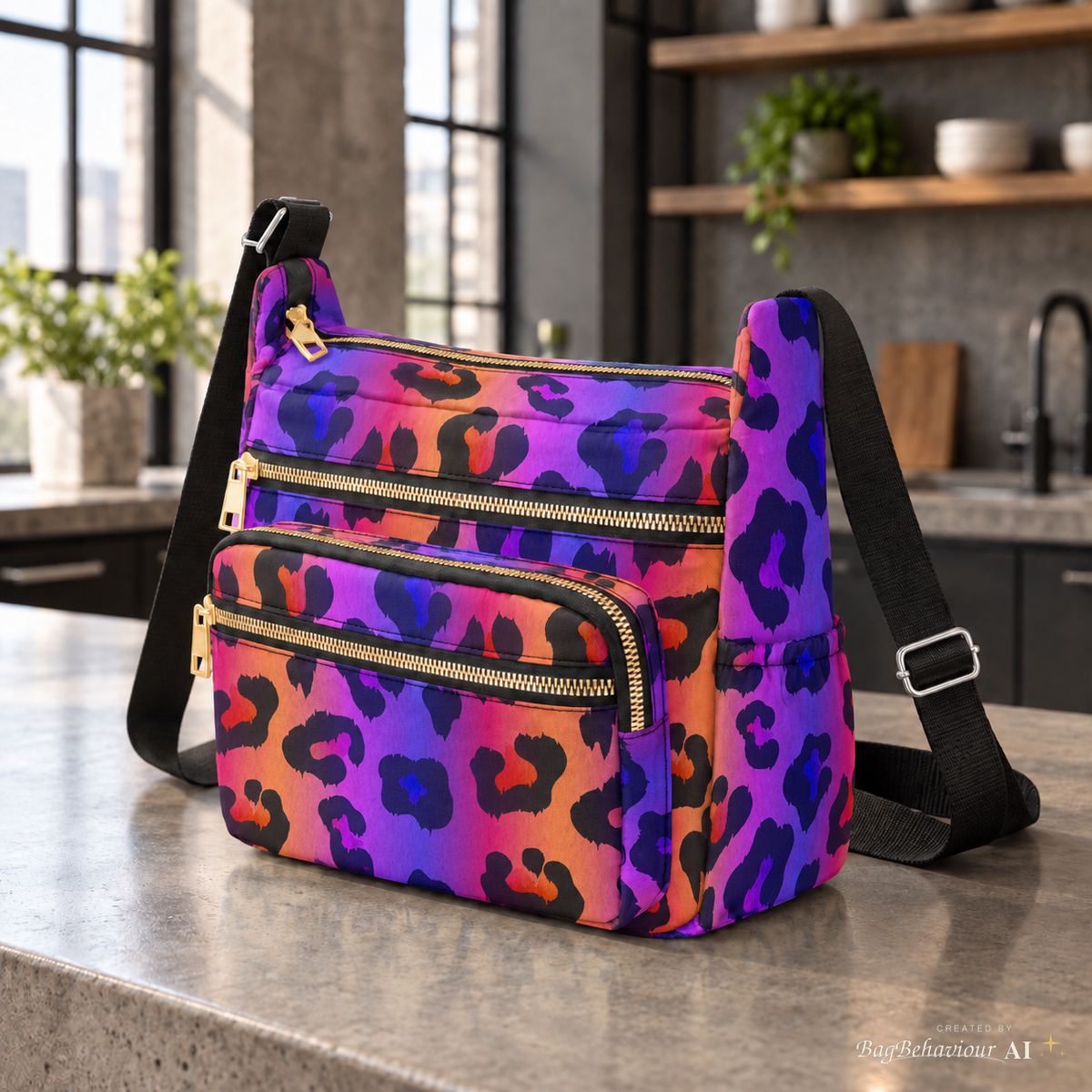 Purple Leopard Multi-Pocket Canvas Crossbody Shoulder Bag