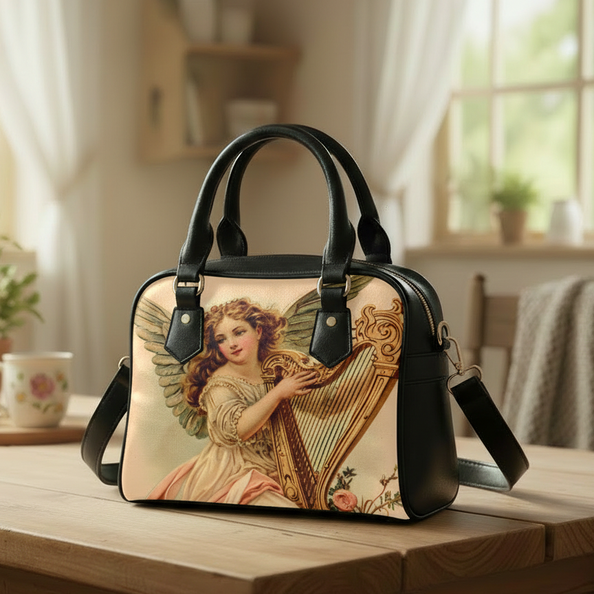 Vintage Baroque Angel Top Handle PU-Leather Handbag with Shoulder Strap