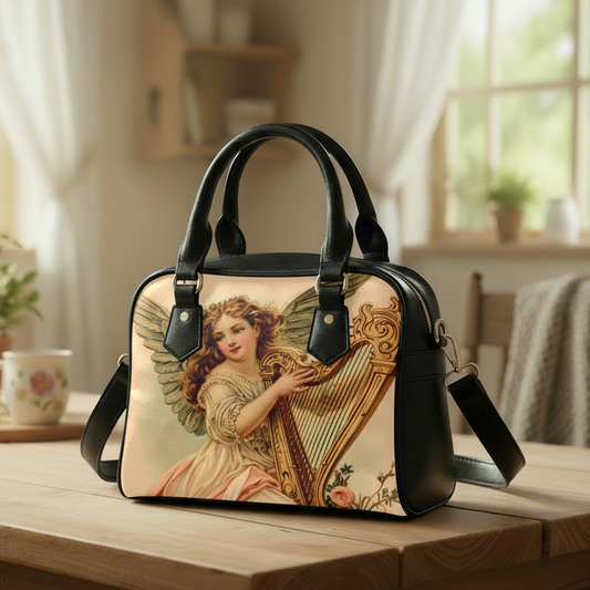 Vintage Baroque Angel Top Handle PU-Leather Handbag with Shoulder Strap