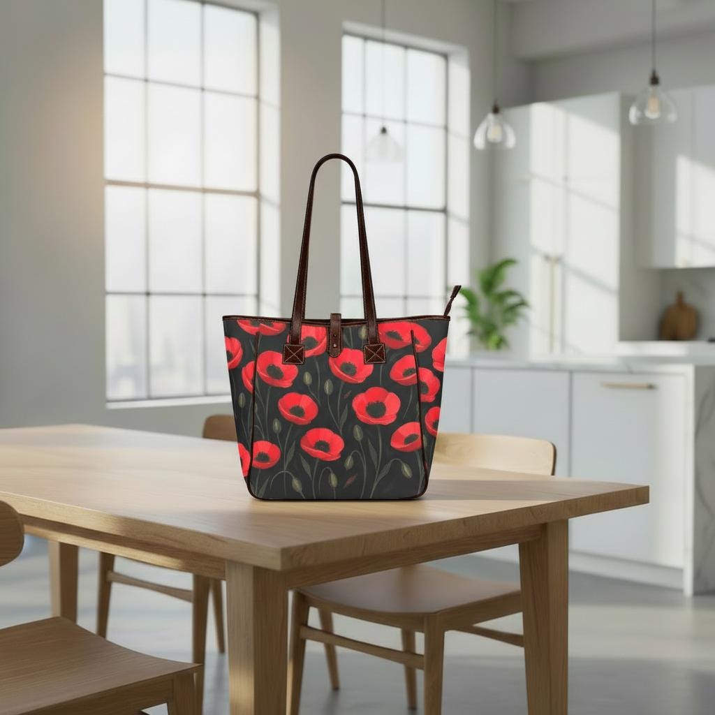 Bolso tote grande negro y rojo con amapolas – bolso de estilo floral dark academia