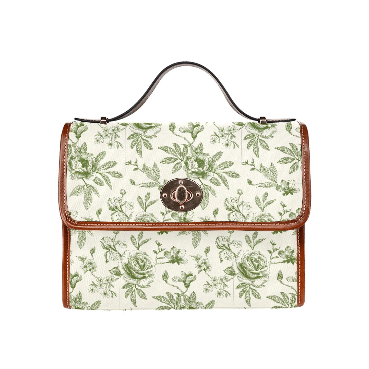Toile de Jouy Canvas Crossbody Bag – Vintage Eggshell Green Floral Handbag
