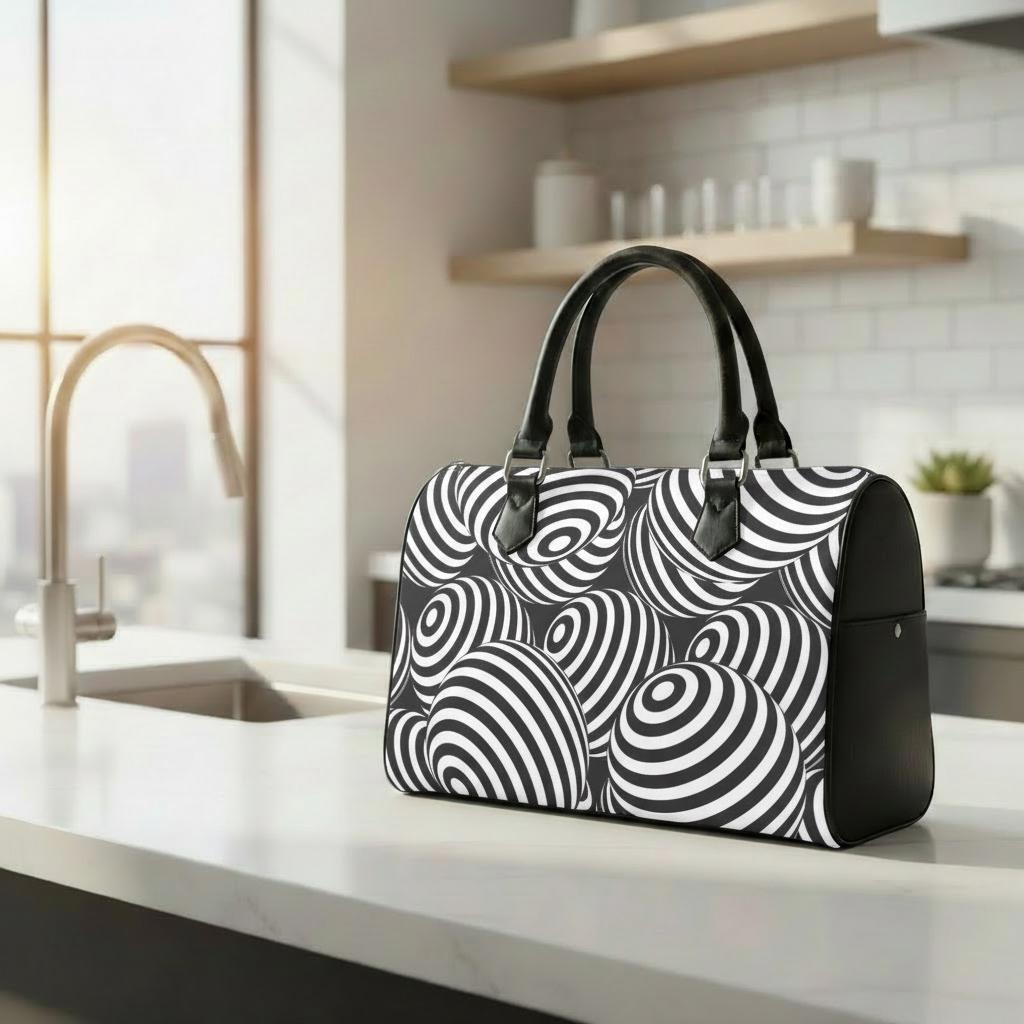 Retro 80s Op-Art Barrel Handbag – Black White Monochrome Everyday Purse