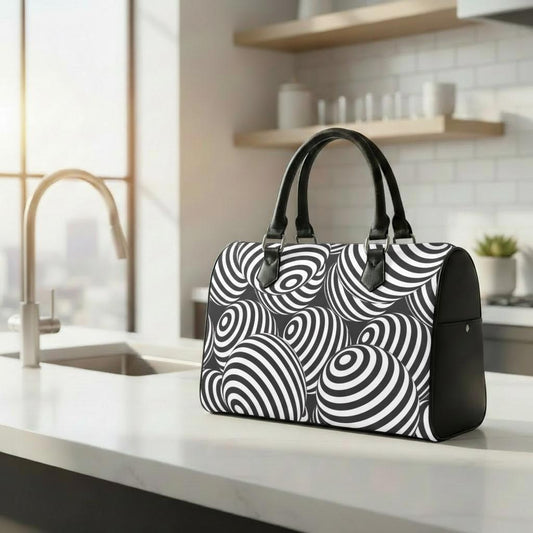 Retro 80s Op-Art Barrel Handbag – Black White Monochrome Everyday Purse