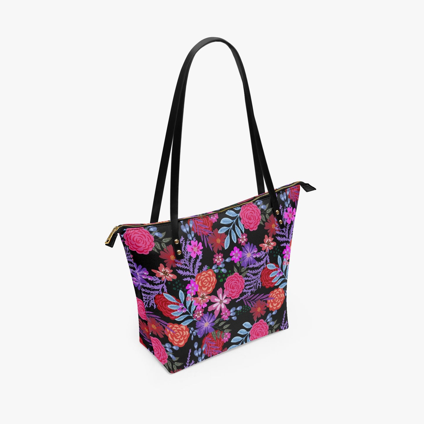 Bold Floral Roomy Tote Bag - Large Shoulder Handbag Black Pink Purple Shopper