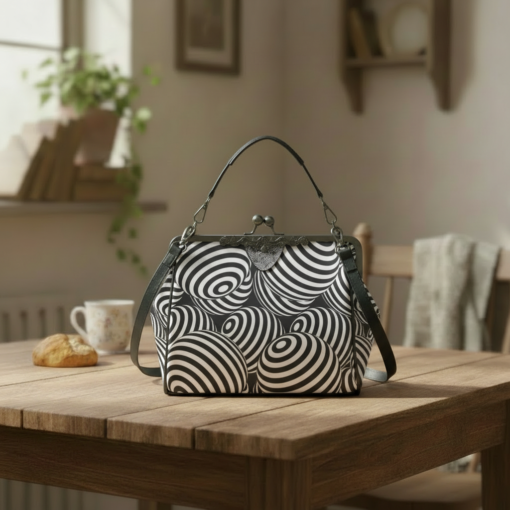 Black White Op-Art Kisslock Crossbody – Vintage 80s Monochrome Handbag