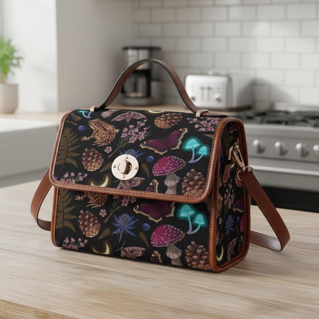 Dark Academia Mushroom Canvas Crossbody Bag – Gothic Vintage Style