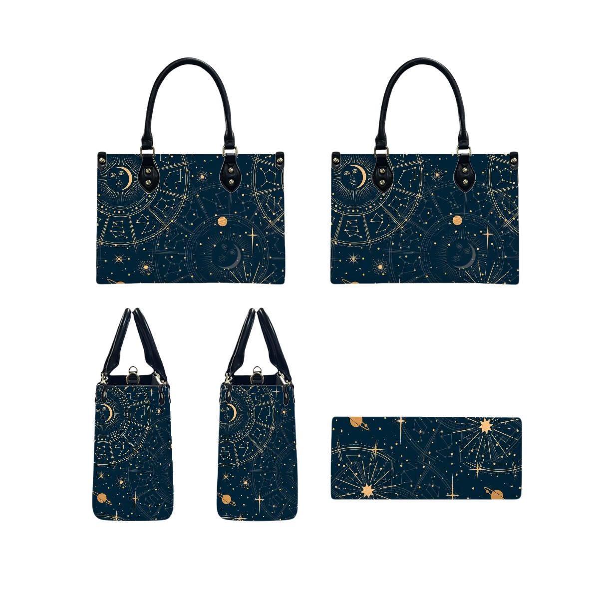 Dunkle Astrologie Himmlische Handtasche in 3 Größen - Blau Gelb Planeten Sterne Umhängetasche