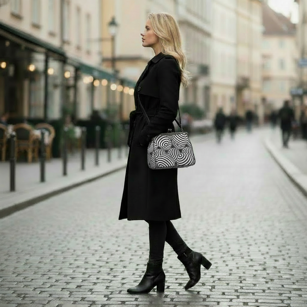 Black White Op-Art Kisslock Crossbody – Vintage 80s Monochrome Handbag