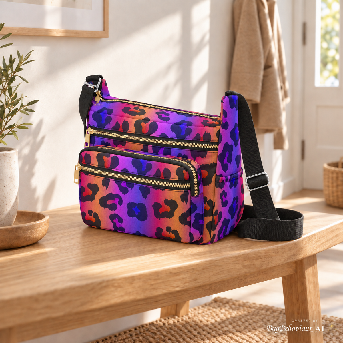 Purple Leopard Multi-Pocket Canvas Crossbody Shoulder Bag