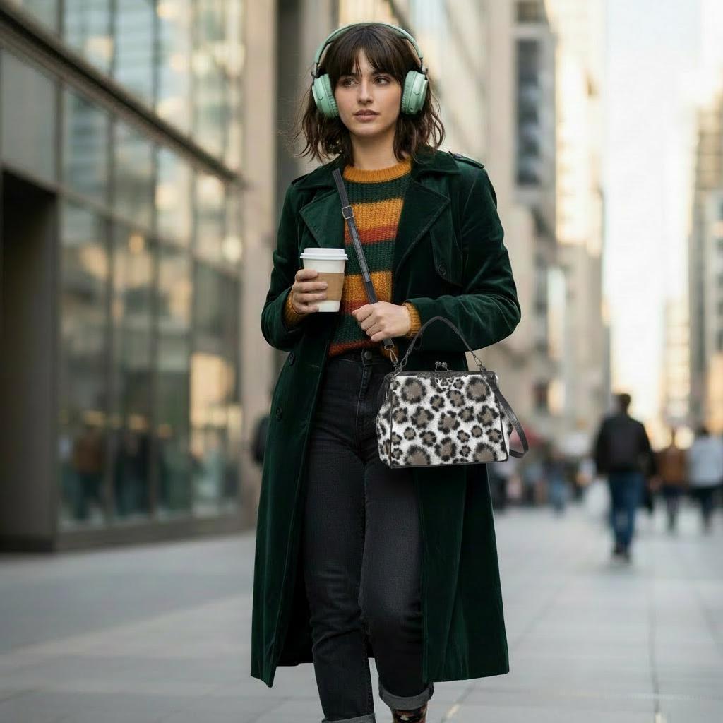 Snow Leopard Kisslock Crossbody Bag – Animal Print Vintage Handbag