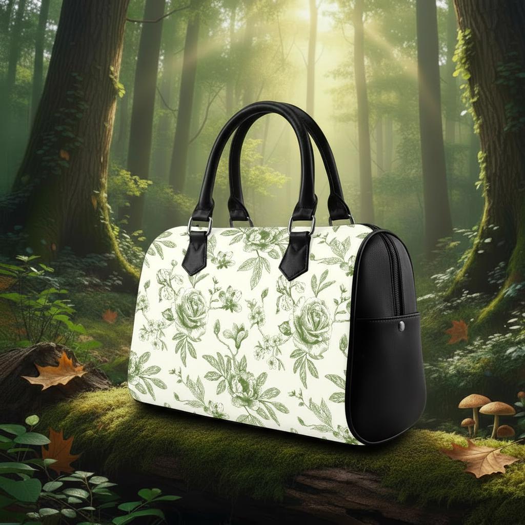 Sac à main tonneau Toile de Jouy vert et blanc – Sac à main quotidien vintage français à motif floral