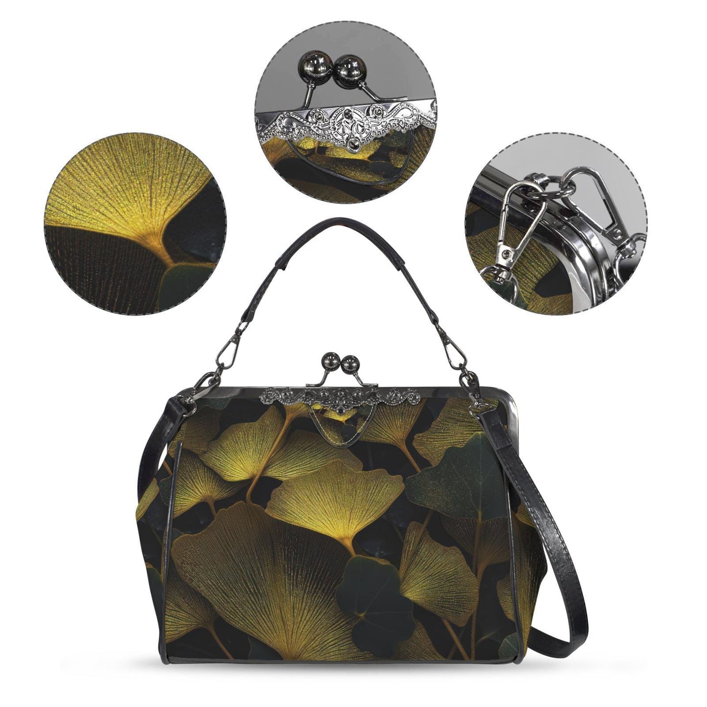 Black Gold Ginkgo Leaves Kisslock Handbag - Botanical Crossbody Shoulder Bag