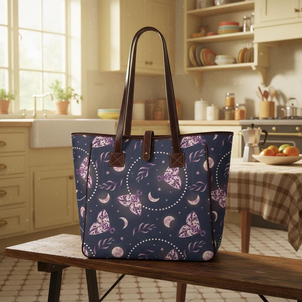Classic Large Moths & Moon Tote Bag – Dark Academia Waterproof Shopper