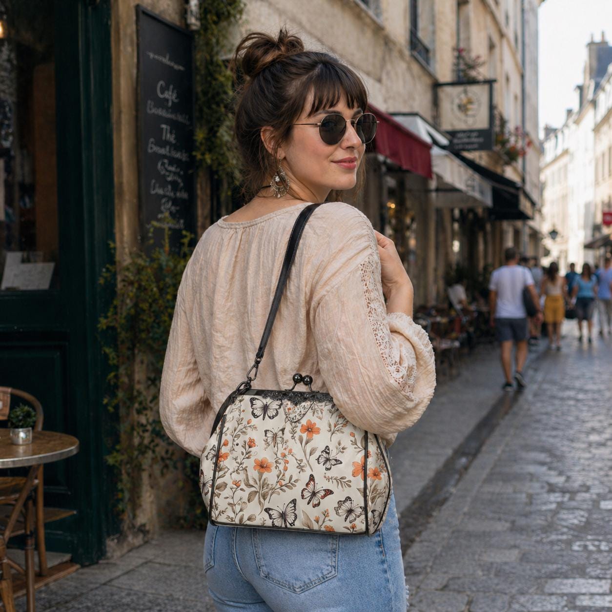 Toile de Jouy Kisslock Crossbody Shoulder Bag - Vintage Millefiori Floral Handbag