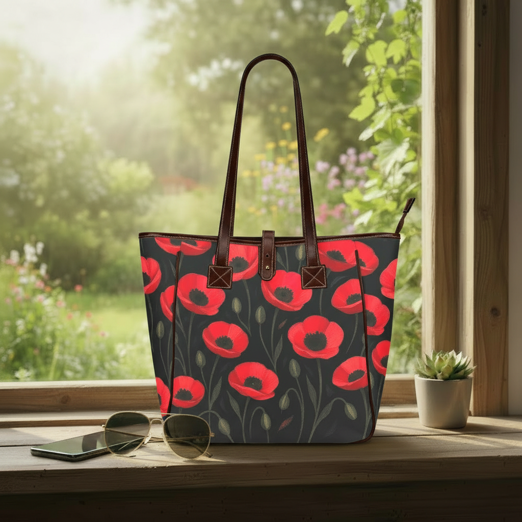 Grand sac fourre-tout coquelicots noirs et rouges – Sac à main fleuri style Dark Academia