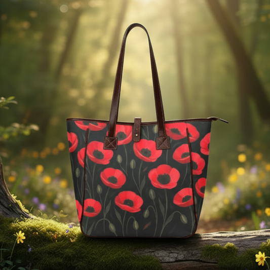 Black Red Poppies Large Tote Bag – Dark Academia Floral Style Handbag