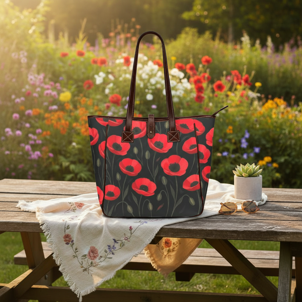 Grand sac fourre-tout coquelicots noirs et rouges – Sac à main fleuri style Dark Academia