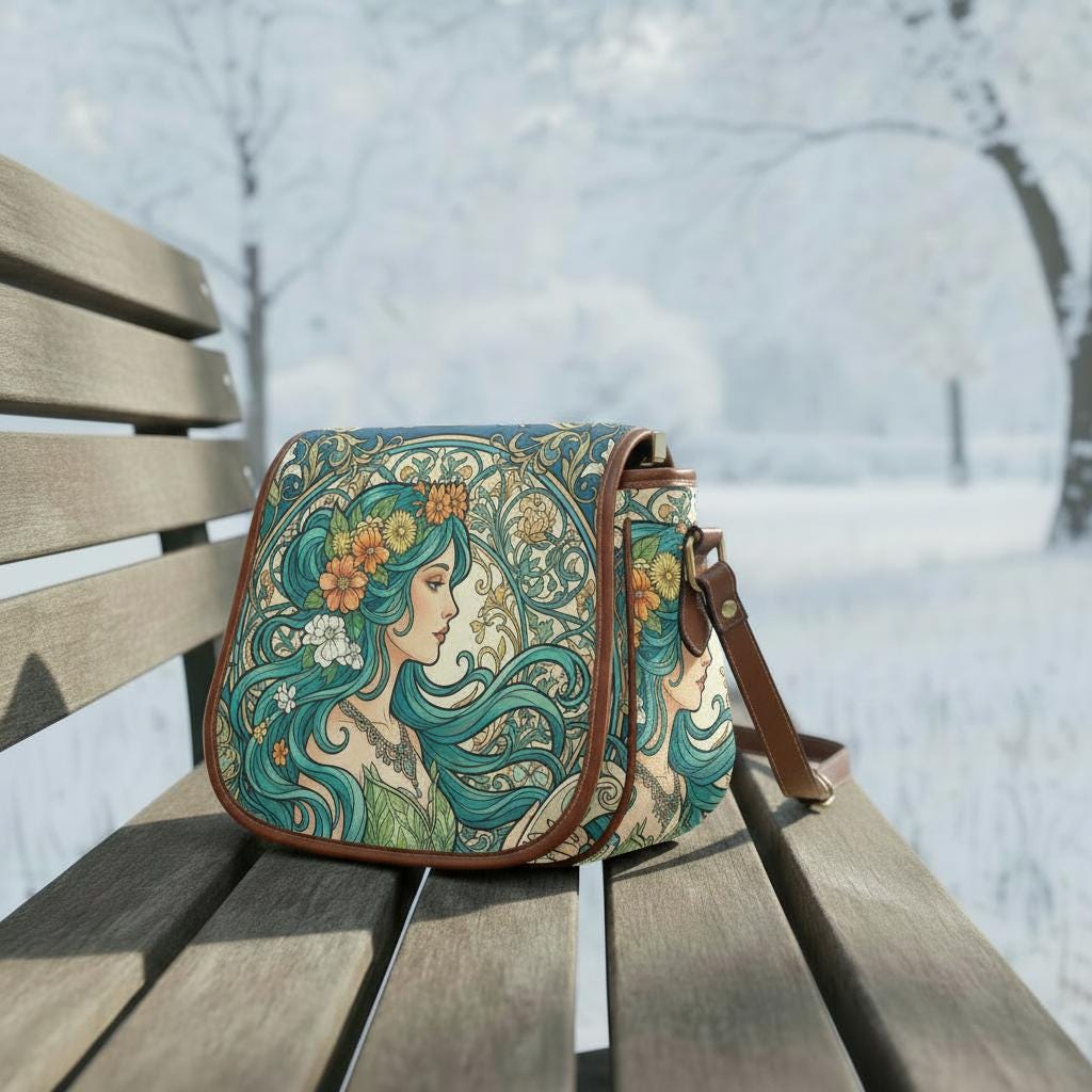 Art Nouveau Floral Saddle Bag, Romantic Crossbody or Shoulder Handbag