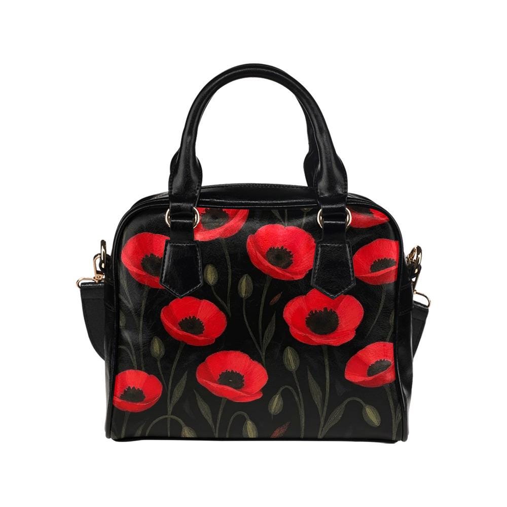 Red Black Poppy Field Shoulder Handbag – Bold Floral Crossbody Bag with Handles