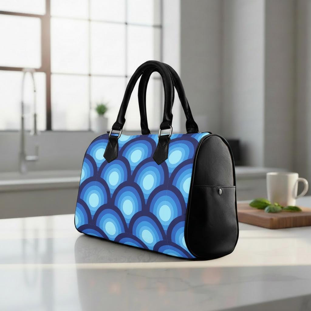 Retro 70s Peacock Eye Print Barrel Handbag – Blue Black Everyday Top Handle Purse