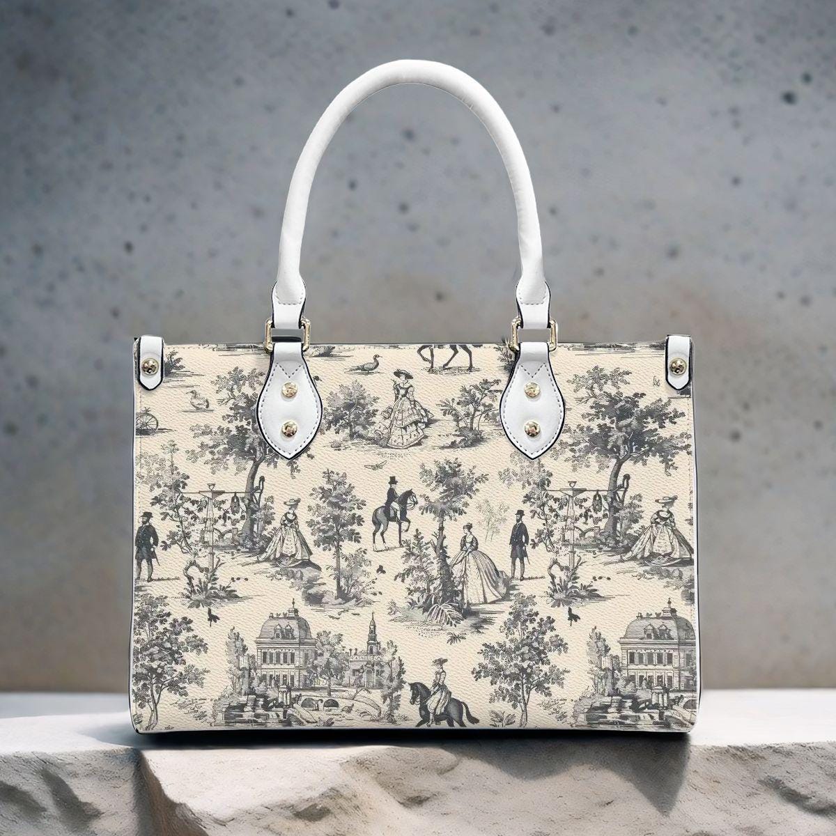 Toile de Jouy Handbag in 3 Sizes - Black White French Vintage Shoulder Bag