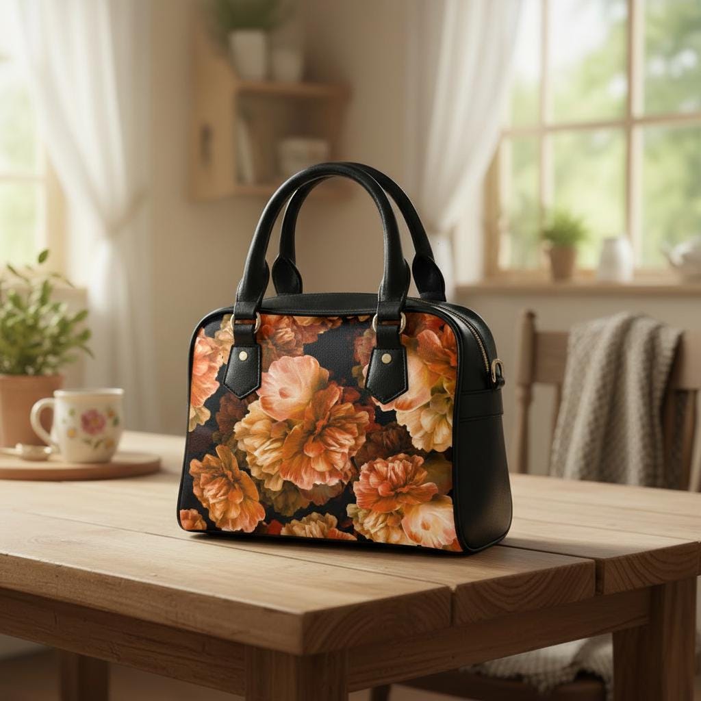 Bold Orange Peony Flowers Top Handle Shoulder Handbag