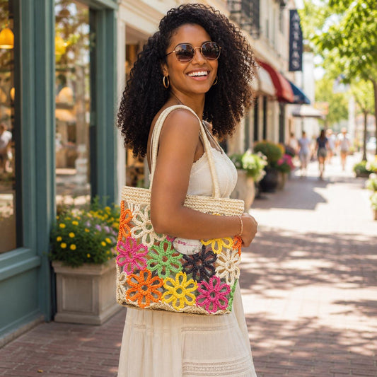 Colorful Crochet Flower Straw Bag – Boho 70s Retro Beach Summer Tote
