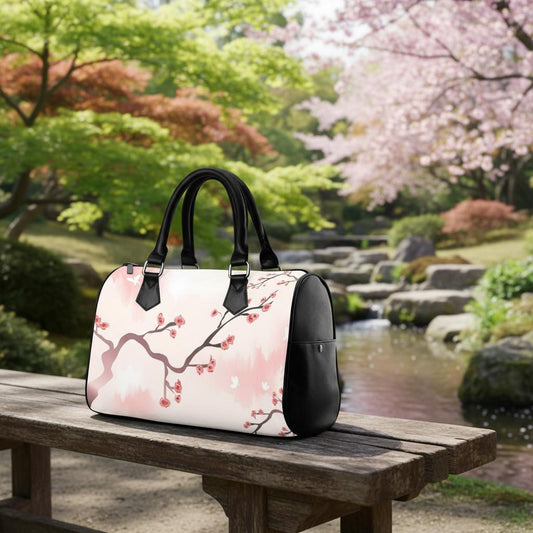 Sakura Branch Japandi Barrel Handbag – Black White Pink Asian Zen Art Purse