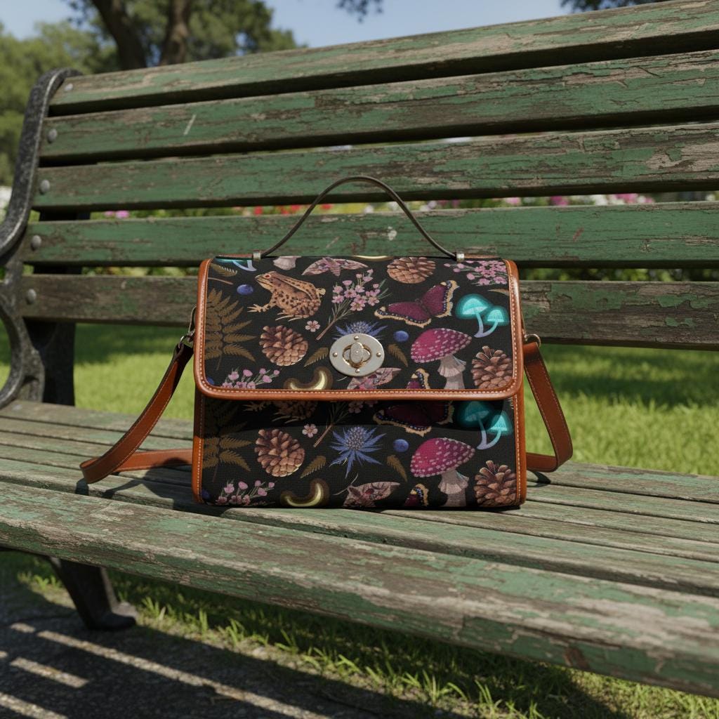 Dark Academia Mushroom Canvas Crossbody Bag – Gothic Vintage Style
