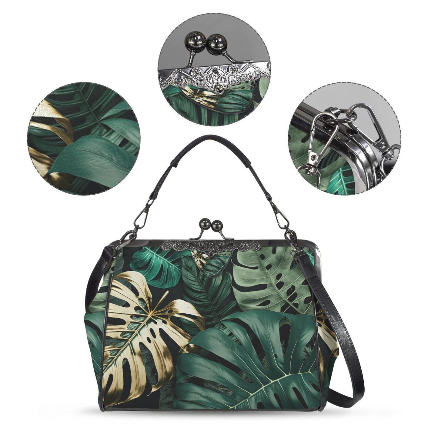 Retro Green Gold Monstera Leaf Handbag - Botanical Kisslock Crossbody Shoulder Bag