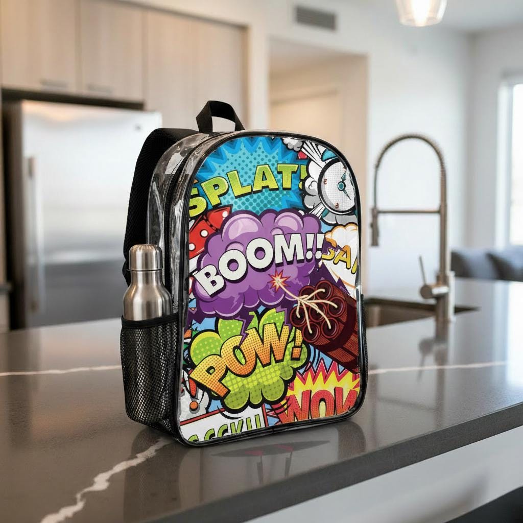 Comic Style School Travel Business Daypack - Clear PVC Backpack with Side Pockets