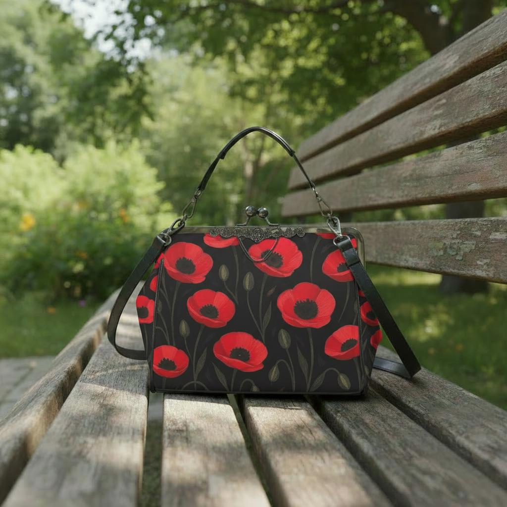 Black Red Poppies Dark Academia Kisslock Handbag – Vintage Gothic Crossbody Bag